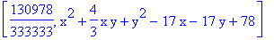 [130978/333333, x^2+4/3*x*y+y^2-17*x-17*y+78]